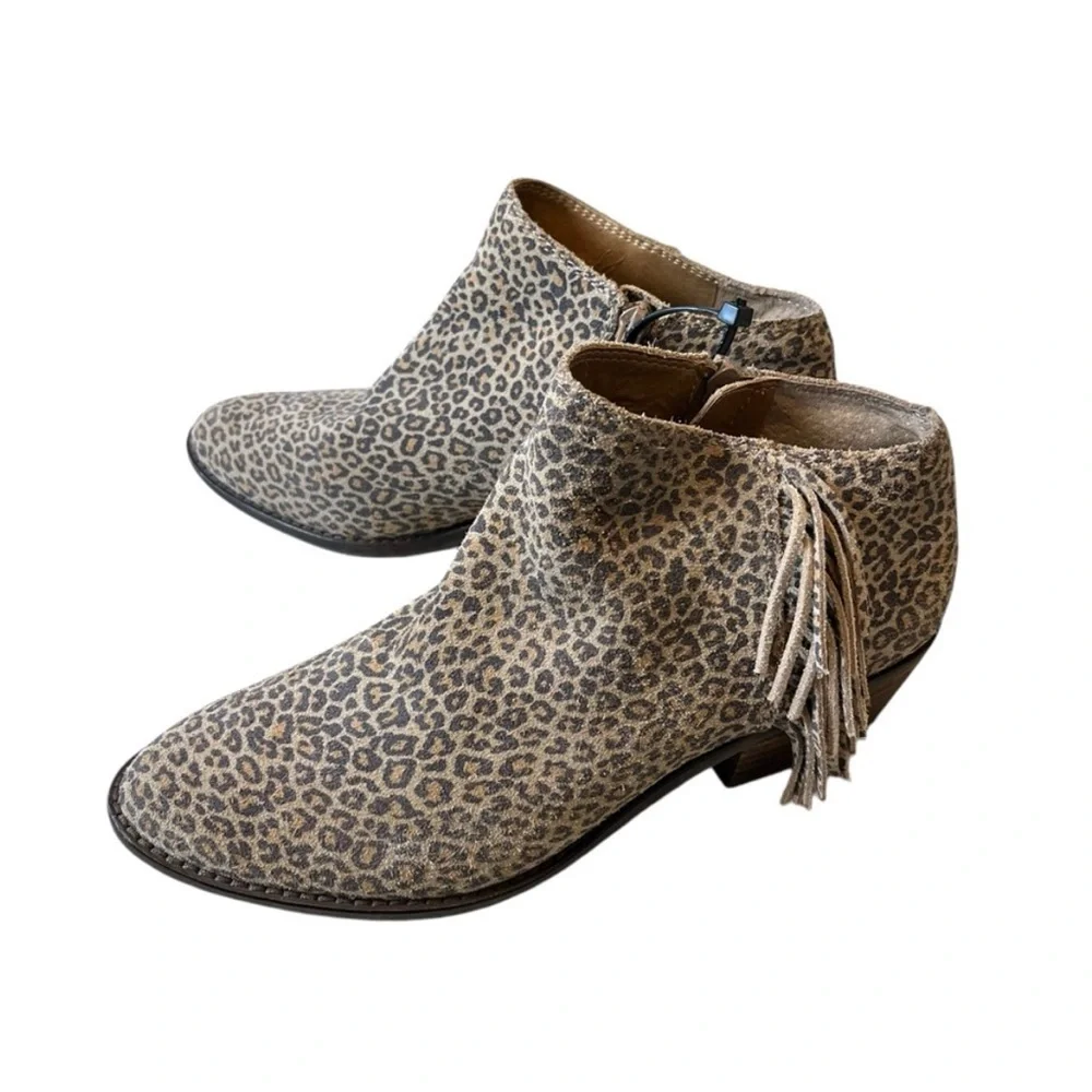 Lucky Brand Felisie Animal Print Cheetah Fringe Suede Bootie 7.5 / 38 Boho